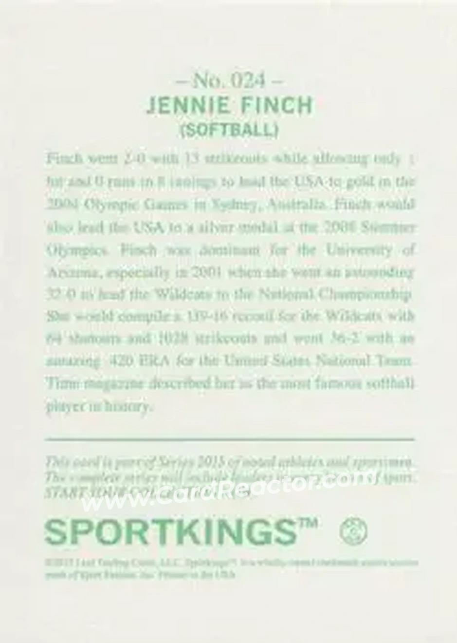 2015 Leaf Sportkings - Green #024 - Jennie Finch - Back