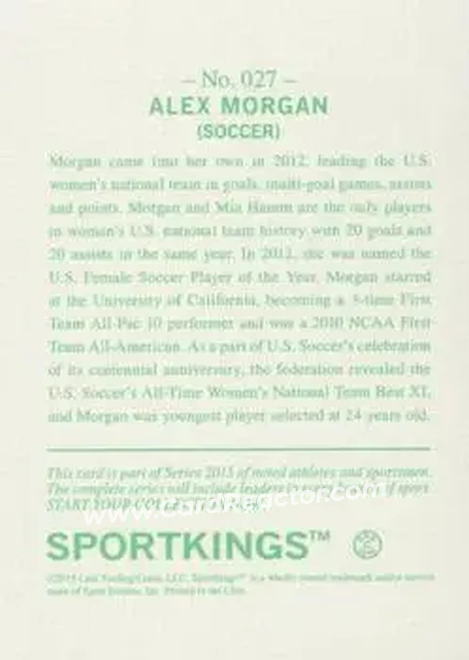 2015 Leaf Sportkings - Green #027 - Alex Morgan - Back