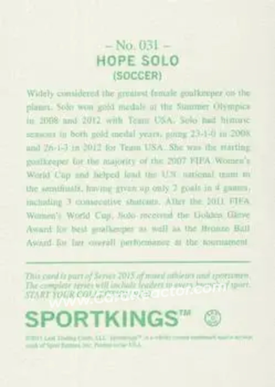 2015 Leaf Sportkings - Green #031 - Hope Solo - Back