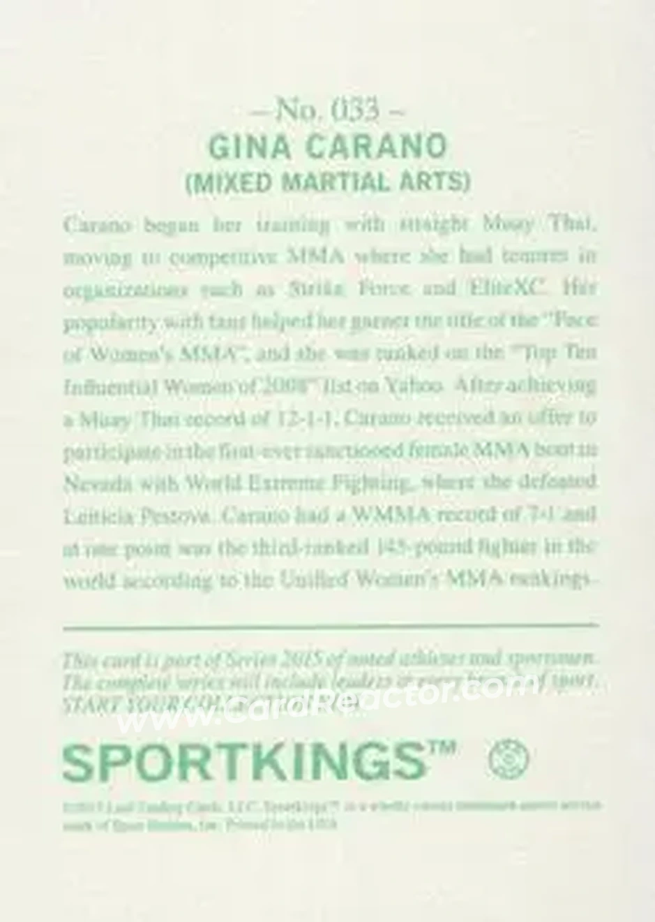 2015 Leaf Sportkings - Green #033 - Gina Carano - Back 2015 Leaf Sportkings - Green #033 - Gina Carano - Back