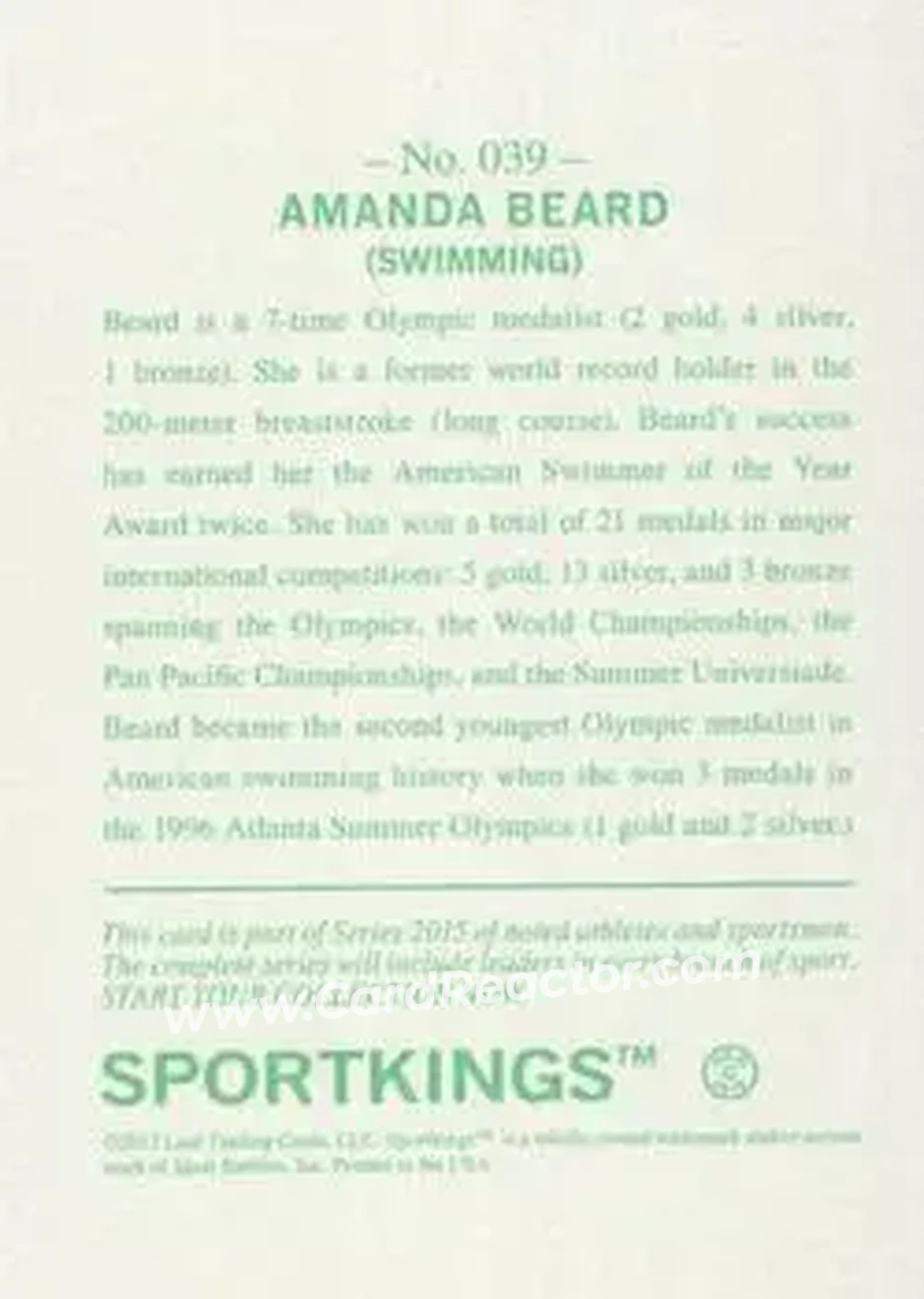 2015 Leaf Sportkings - Green #039 - Amanda Beard - Back 2015 Leaf Sportkings - Green #039 - Amanda Beard - Back