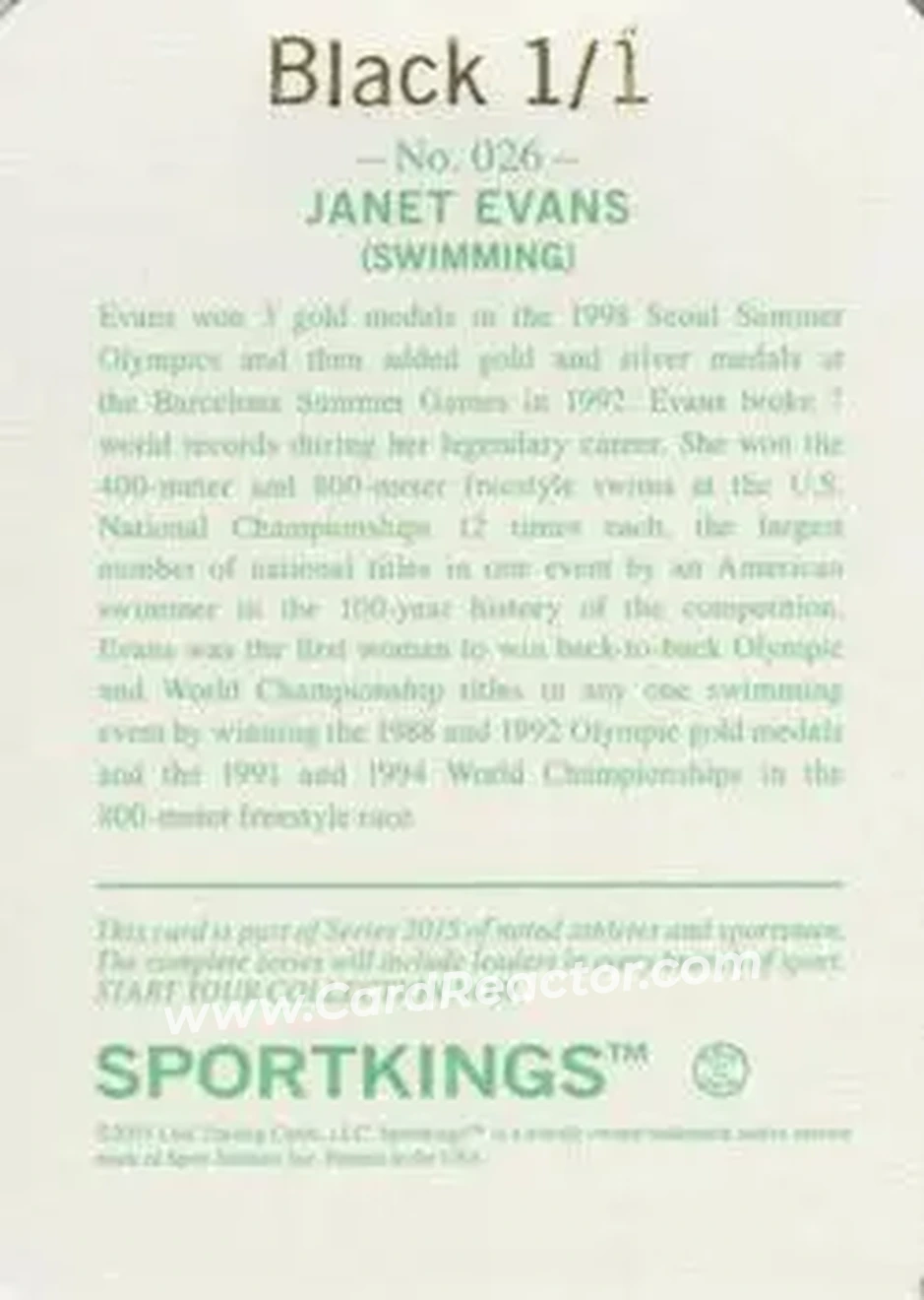 2015 Leaf Sportkings - Printing Plate Black #026 - Janet Evans - Back