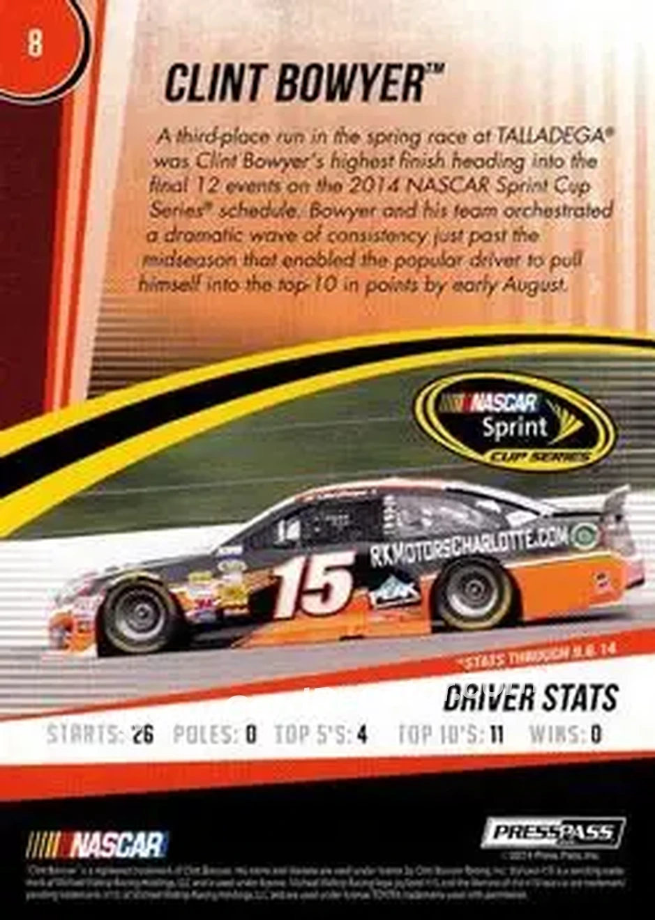 2015 Press Pass Cup Chase #8 - Clint Bowyer - Michael Waltrip Racing - Back