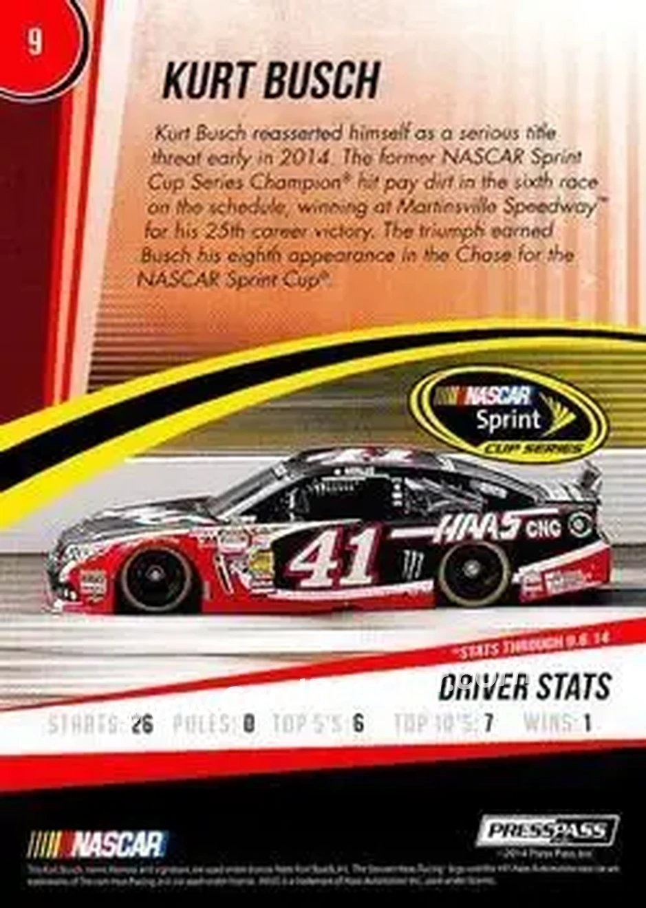 2015 Press Pass Cup Chase #9 - Kurt Busch - Stewart-Haas Racing - Back
