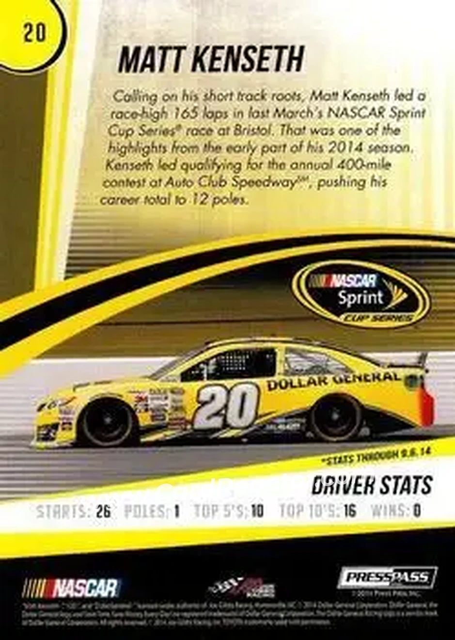 2015 Press Pass Cup Chase #20 - Matt Kenseth - Joe Gibbs Racing - Back