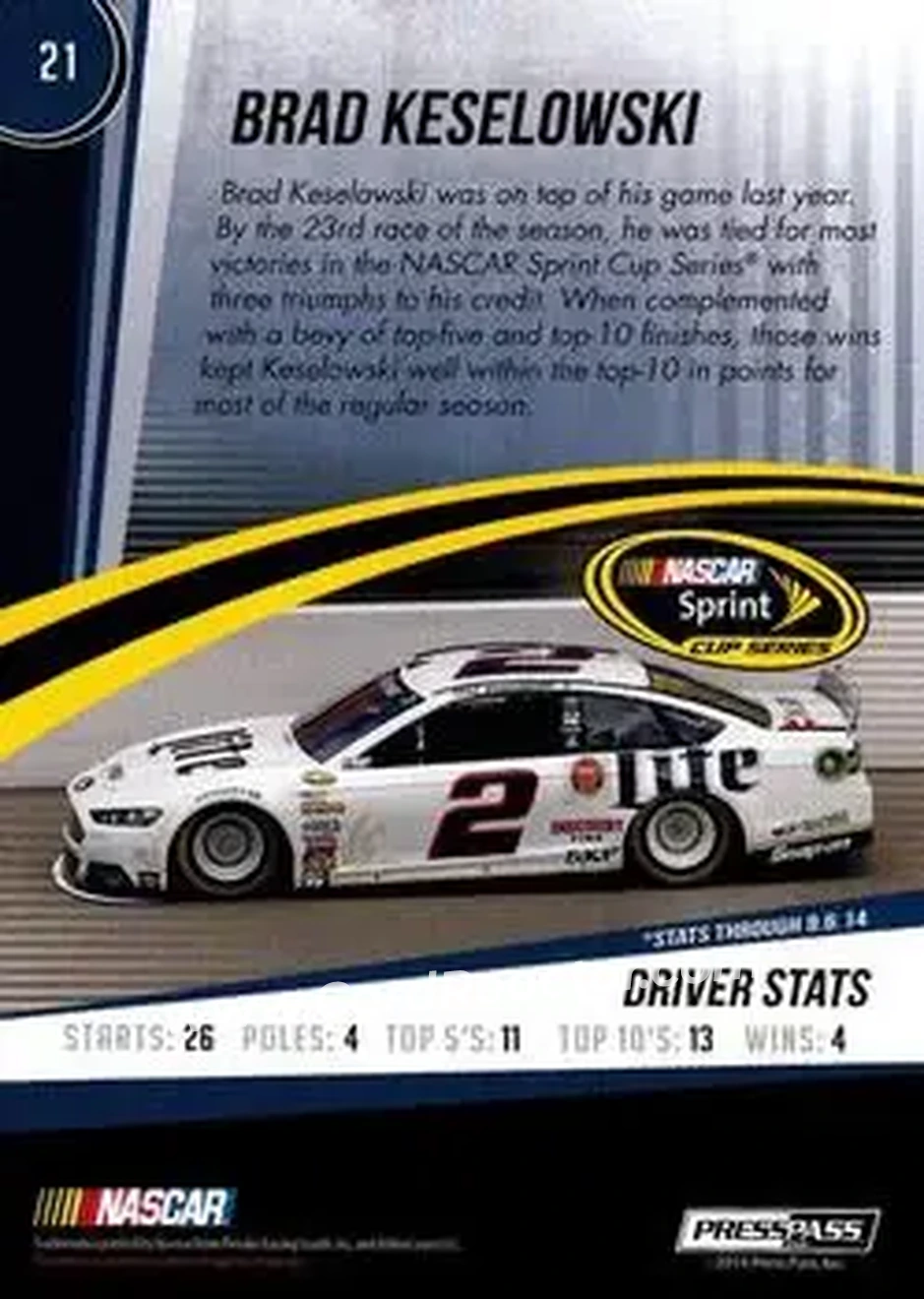 2015 Press Pass Cup Chase #21 - Brad Keselowski - Team Penske - Back