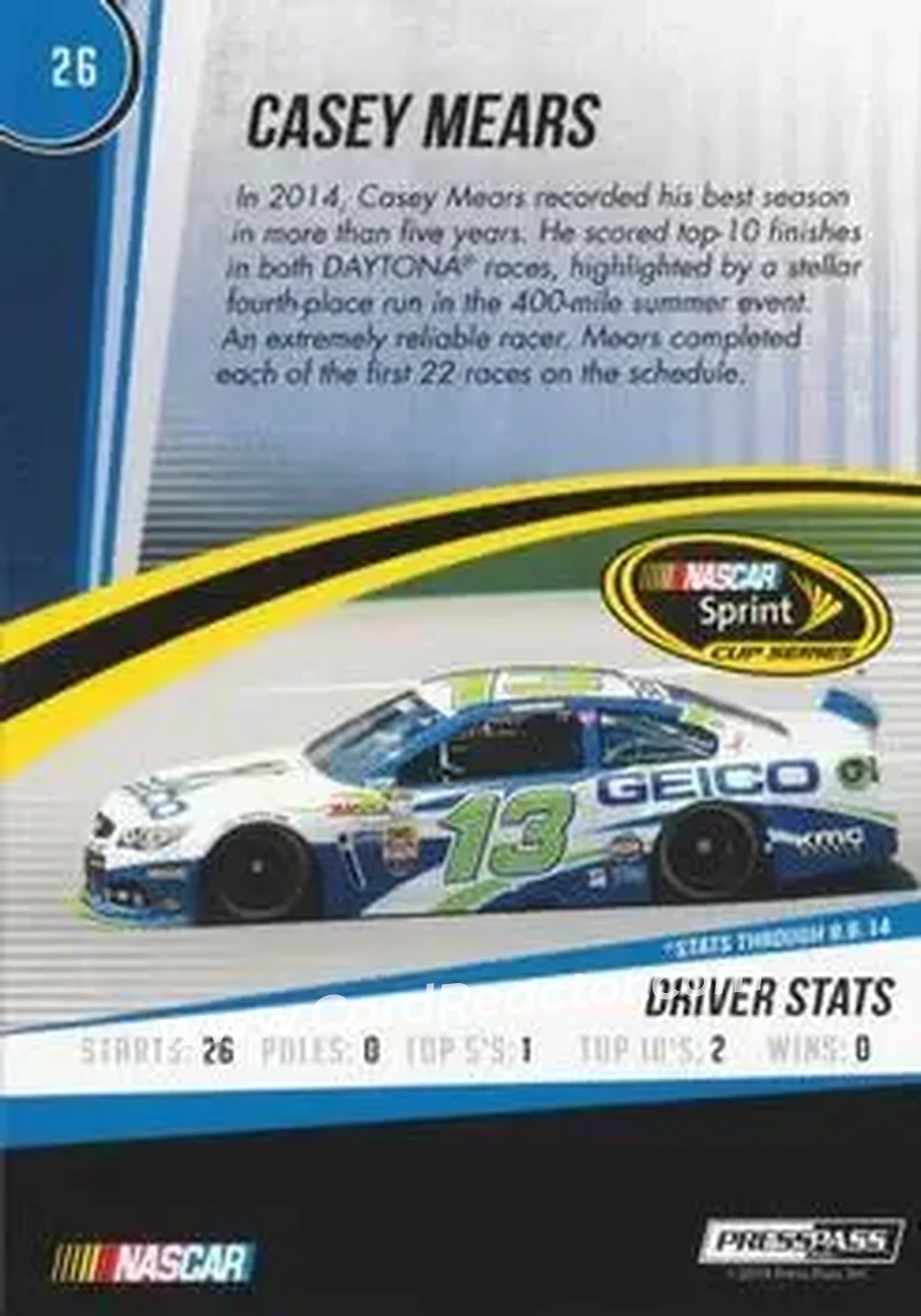 2015 Press Pass Cup Chase #26 - Casey Mears - Germain Racing - Back