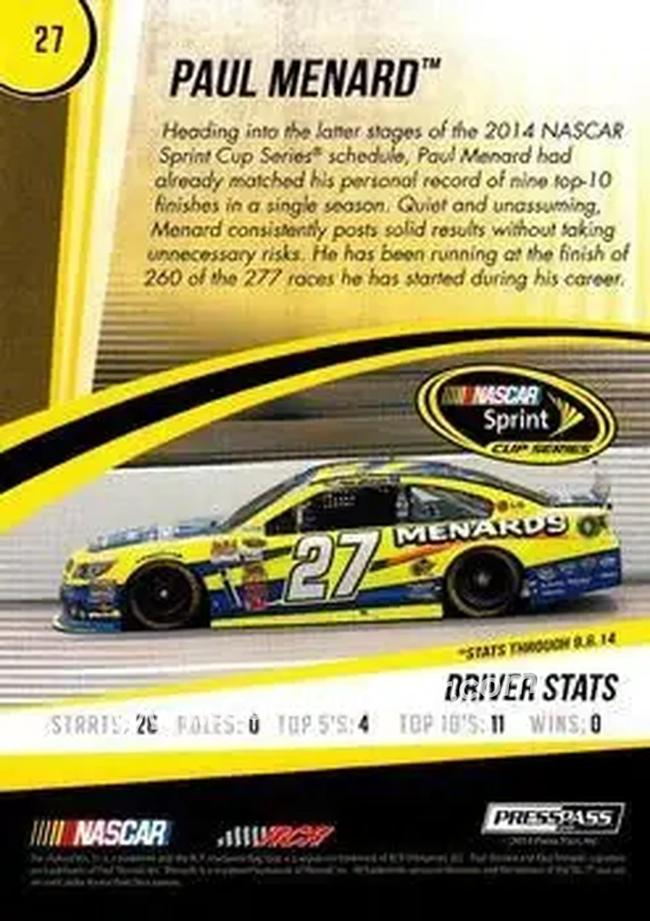 2015 Press Pass Cup Chase #27 - Paul Menard - Richard Childress Racing - Back