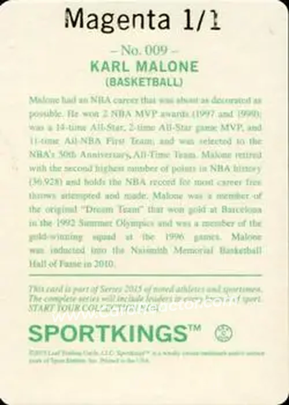 2015 Leaf Sportkings - Printing Plate Magenta #009 - Karl Malone - Utah Jazz - Back 2015 Leaf Sportkings - Printing Plate Magenta #009 - Karl Malone - Utah Jazz - Back