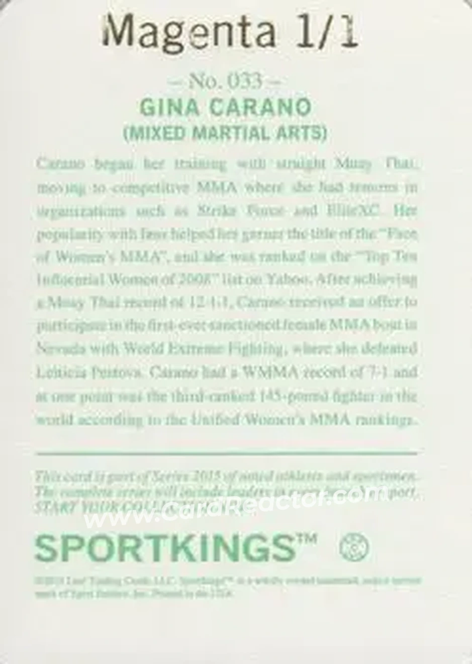 2015 Leaf Sportkings - Printing Plate Magenta #033 - Gina Carano - Back