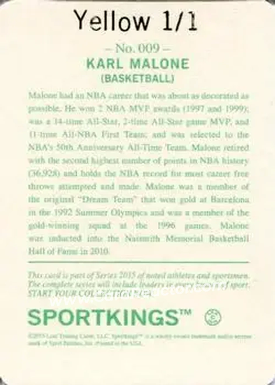 2015 Leaf Sportkings - Printing Plate Yellow #009 - Karl Malone - Utah Jazz - Back