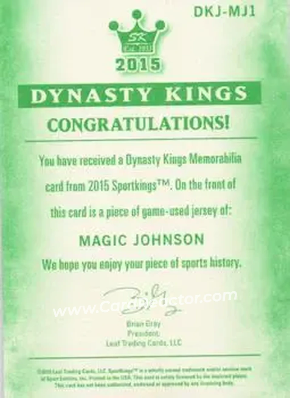 2015 Leaf Sportkings - Dynasty Kings Memorabilia #DKJ-MJ1 - Magic Johnson - Los Angeles Lakers - Back 2015 Leaf Sportkings - Dynasty Kings Memorabilia #DKJ-MJ1 - Magic Johnson - Los Angeles Lakers - Back
