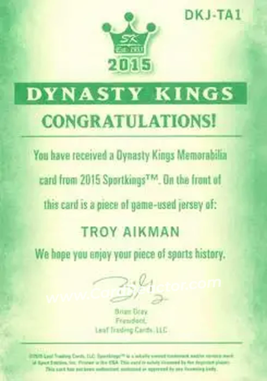 2015 Leaf Sportkings - Dynasty Kings Memorabilia #DKJ-TA1 - Troy Aikman - Dallas Cowboys - Back 2015 Leaf Sportkings - Dynasty Kings Memorabilia #DKJ-TA1 - Troy Aikman - Dallas Cowboys - Back