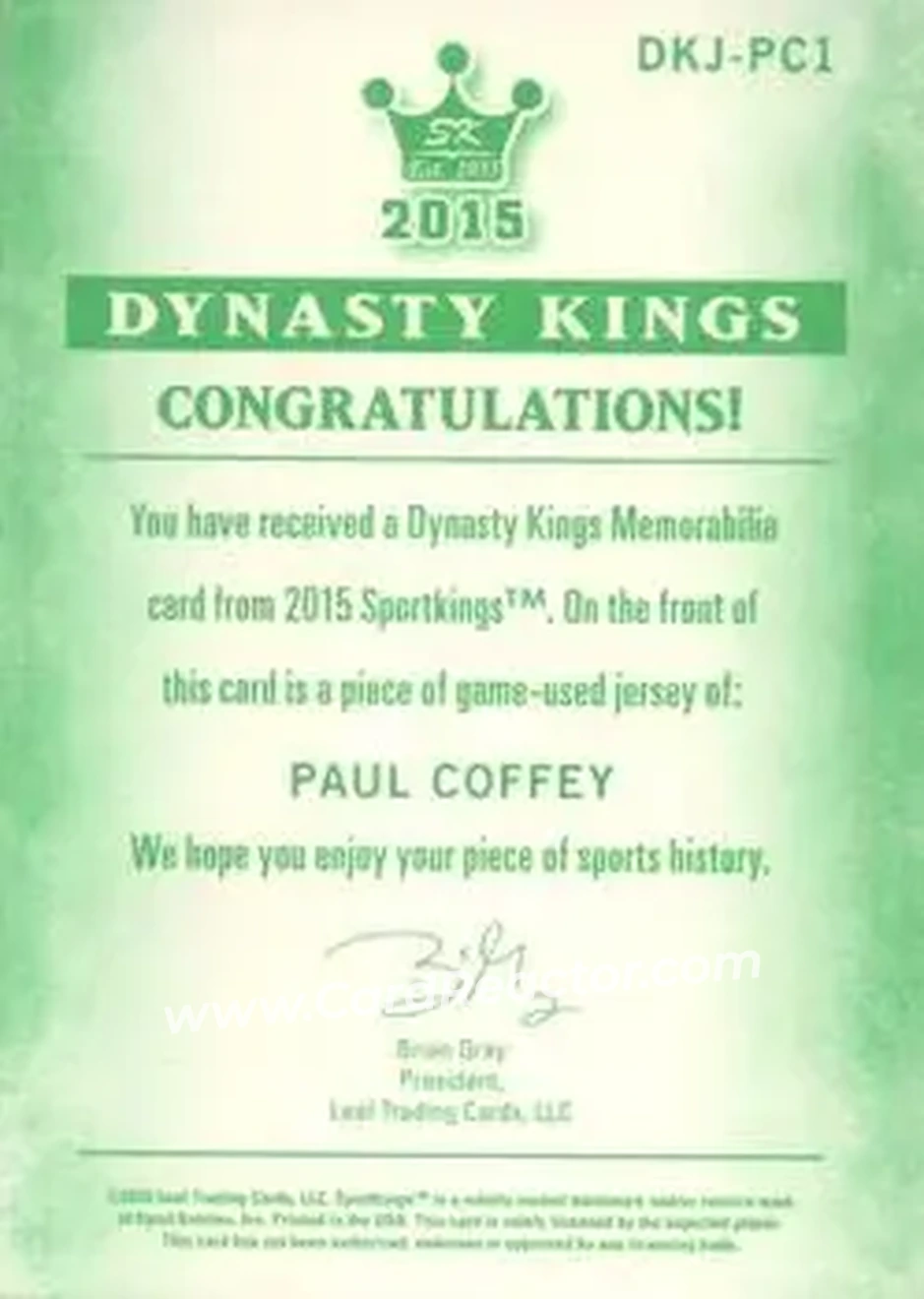 2015 Leaf Sportkings - Dynasty Kings Memorabilia Green #DKJ-PC1 - Paul Coffey - Back 2015 Leaf Sportkings - Dynasty Kings Memorabilia Green #DKJ-PC1 - Paul Coffey - Back