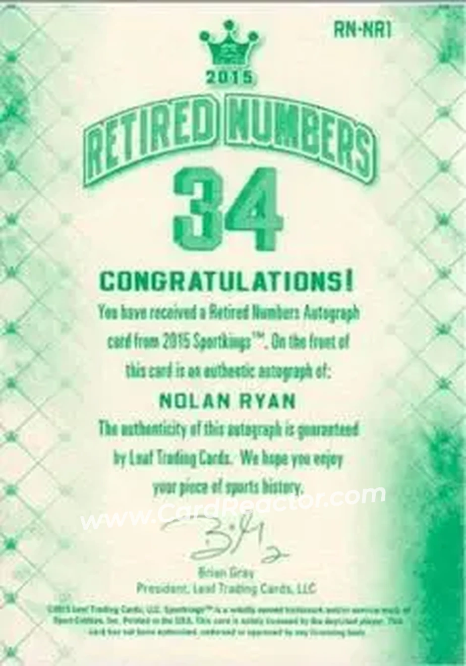 2015 Leaf Sportkings - Retired Numbers Signatures #RN-NR1 - Nolan Ryan - Texas Rangers - Back