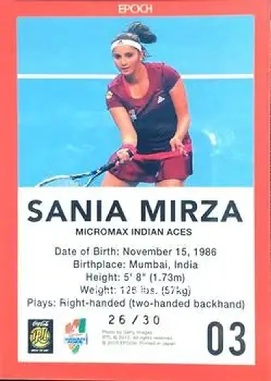 2015 Epoch International Premier Tennis League (Retail) - Facsimile Signaure Ruby #03 - Sania Mirza - Back 2015 Epoch International Premier Tennis League (Retail) - Facsimile Signaure Ruby #03 - Sania Mirza - Back