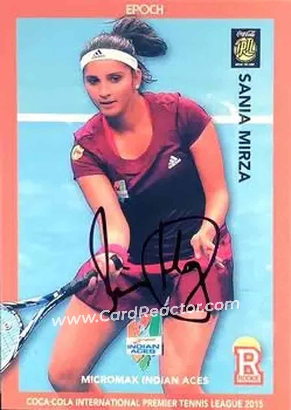 2015 Epoch International Premier Tennis League (Retail) - Facsimile Signaure Ruby #03 - Sania Mirza - Front 2015 Epoch International Premier Tennis League (Retail) - Facsimile Signaure Ruby #03 - Sania Mirza - Front