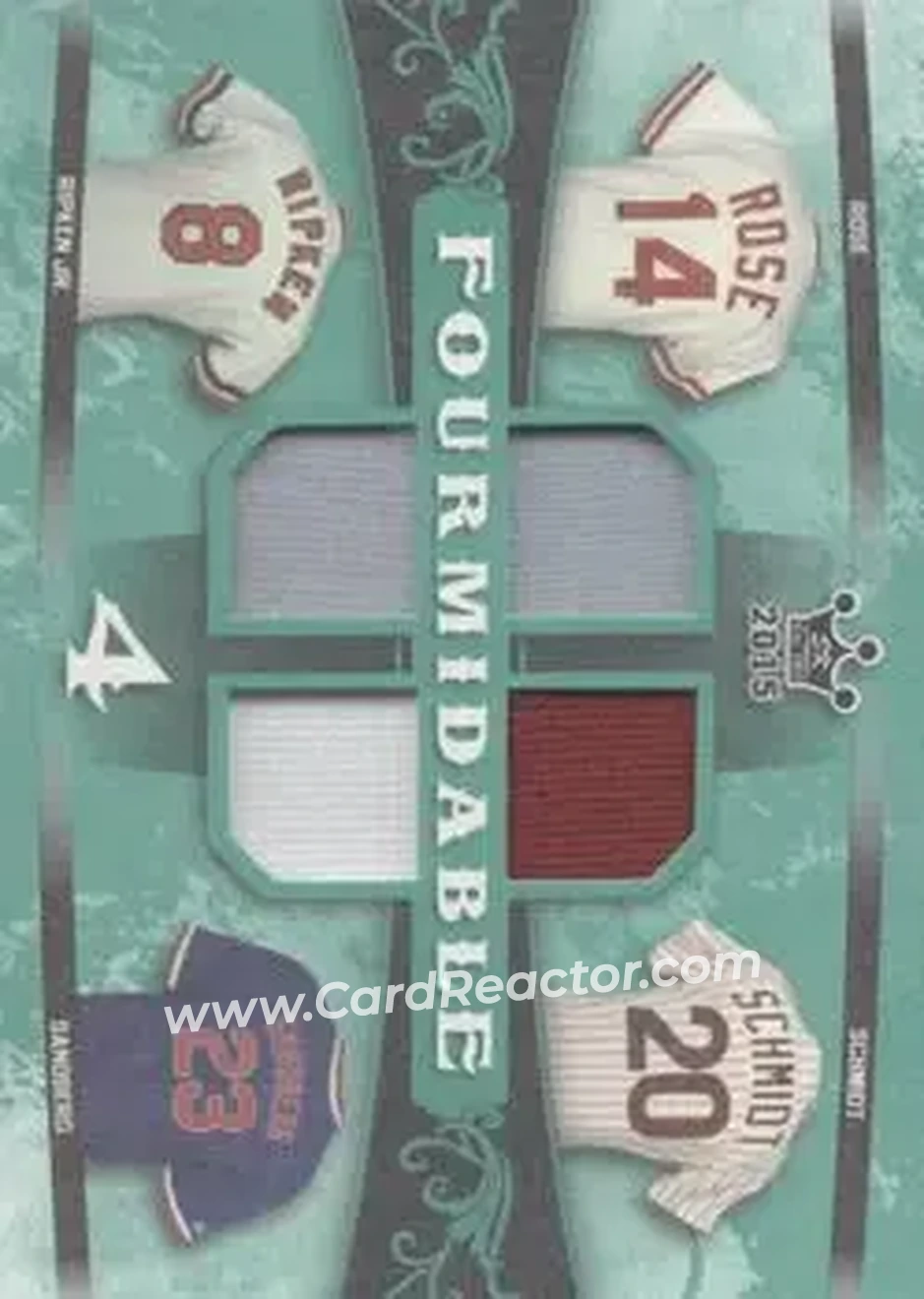 2015 Leaf Sportkings - Fourmidable Memorabilia Green #F-06 - Pete Rose - Mike Schmidt - Cal Ripken Jr. - Ryne Sandberg MEM, PR4 - Cincinnati Reds - Philadelphia Phillies - Baltimore Orioles - Chicago Cubs - Front