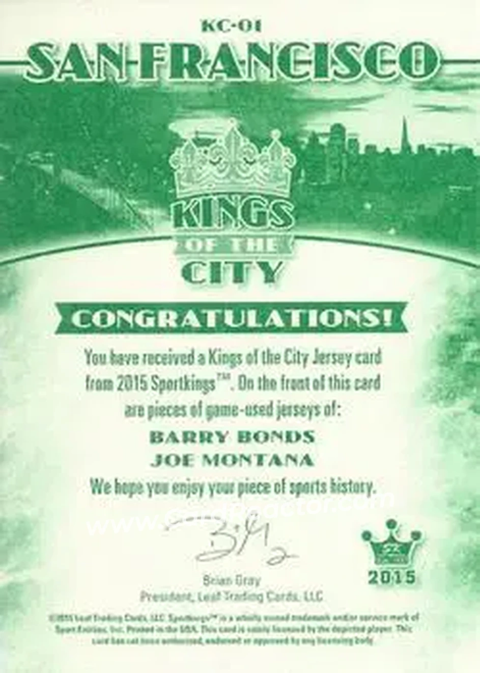 2015 Leaf Sportkings - Kings of the City #KC-01 - Barry Bonds - Joe Montana MEM, PR25 - San Francisco Giants - San Francisco 49ers - Back 2015 Leaf Sportkings - Kings of the City #KC-01 - Barry Bonds - Joe Montana MEM, PR25 - San Francisco Giants - San Francisco 49ers - Back