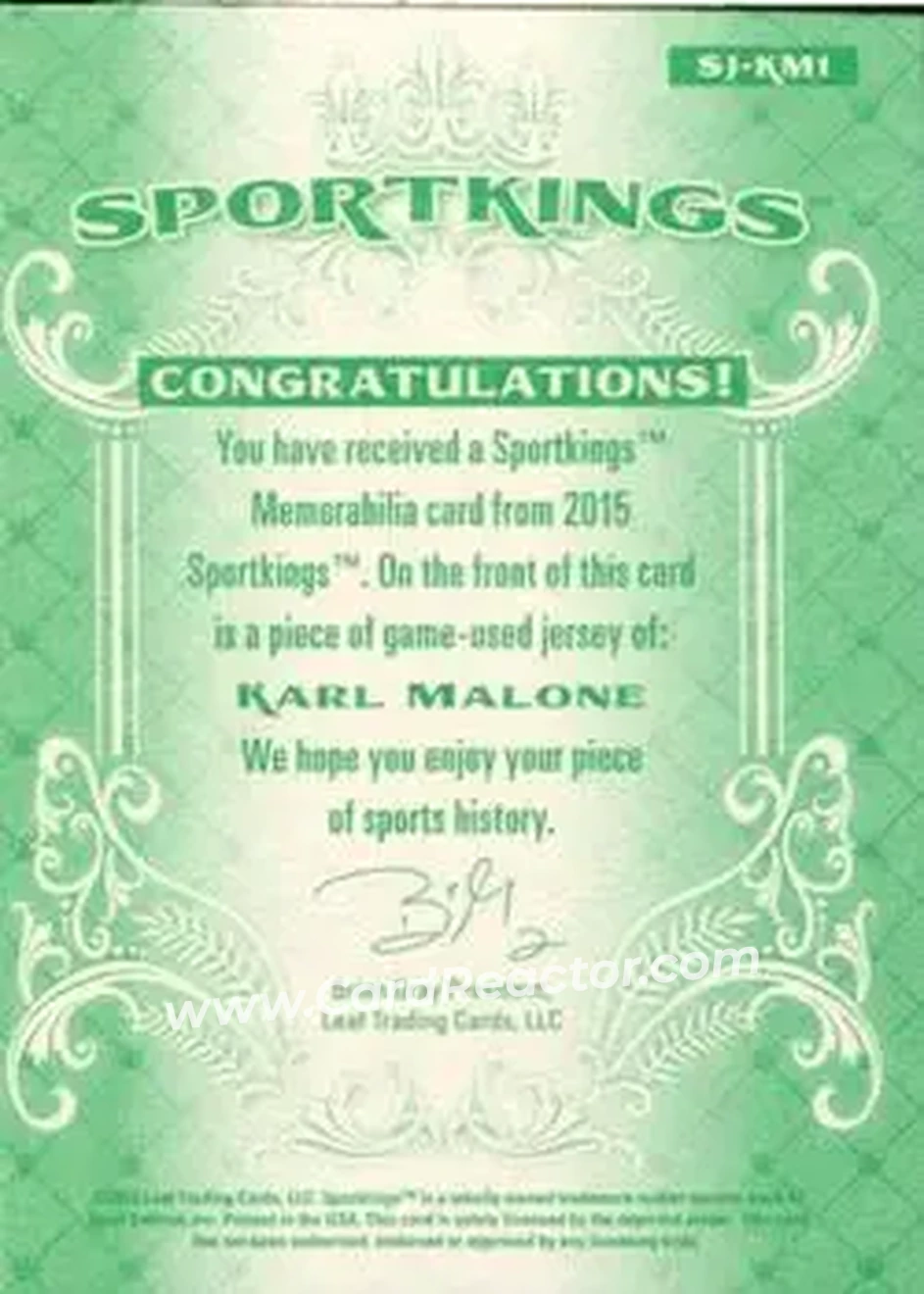 2015 Leaf Sportkings - Sportkings Memorabilia #SJ-KM1 - Karl Malone - Utah Jazz - Back 2015 Leaf Sportkings - Sportkings Memorabilia #SJ-KM1 - Karl Malone - Utah Jazz - Back