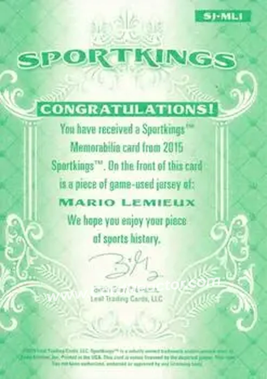 2015 Leaf Sportkings - Sportkings Memorabilia #SJ-ML1 - Mario Lemieux - Pittsburgh Penguins - Back 2015 Leaf Sportkings - Sportkings Memorabilia #SJ-ML1 - Mario Lemieux - Pittsburgh Penguins - Back