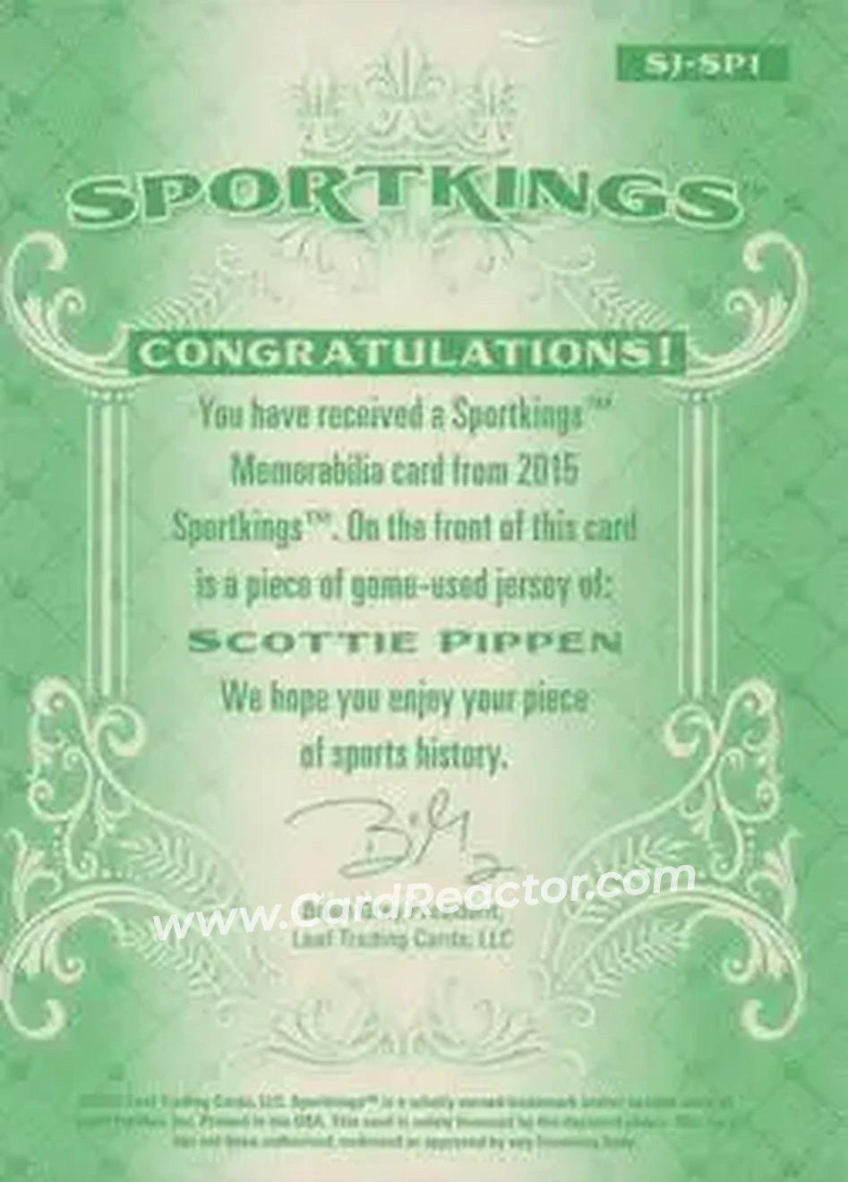 2015 Leaf Sportkings - Sportkings Memorabilia #SJ-SP1 - Scottie Pippen - Back 2015 Leaf Sportkings - Sportkings Memorabilia #SJ-SP1 - Scottie Pippen - Back