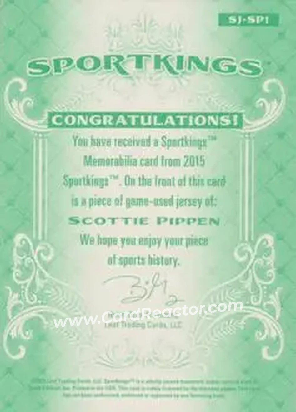2015 Leaf Sportkings - Sportkings Memorabilia Green #SJ-SP1 - Scottie Pippen - Back 2015 Leaf Sportkings - Sportkings Memorabilia Green #SJ-SP1 - Scottie Pippen - Back