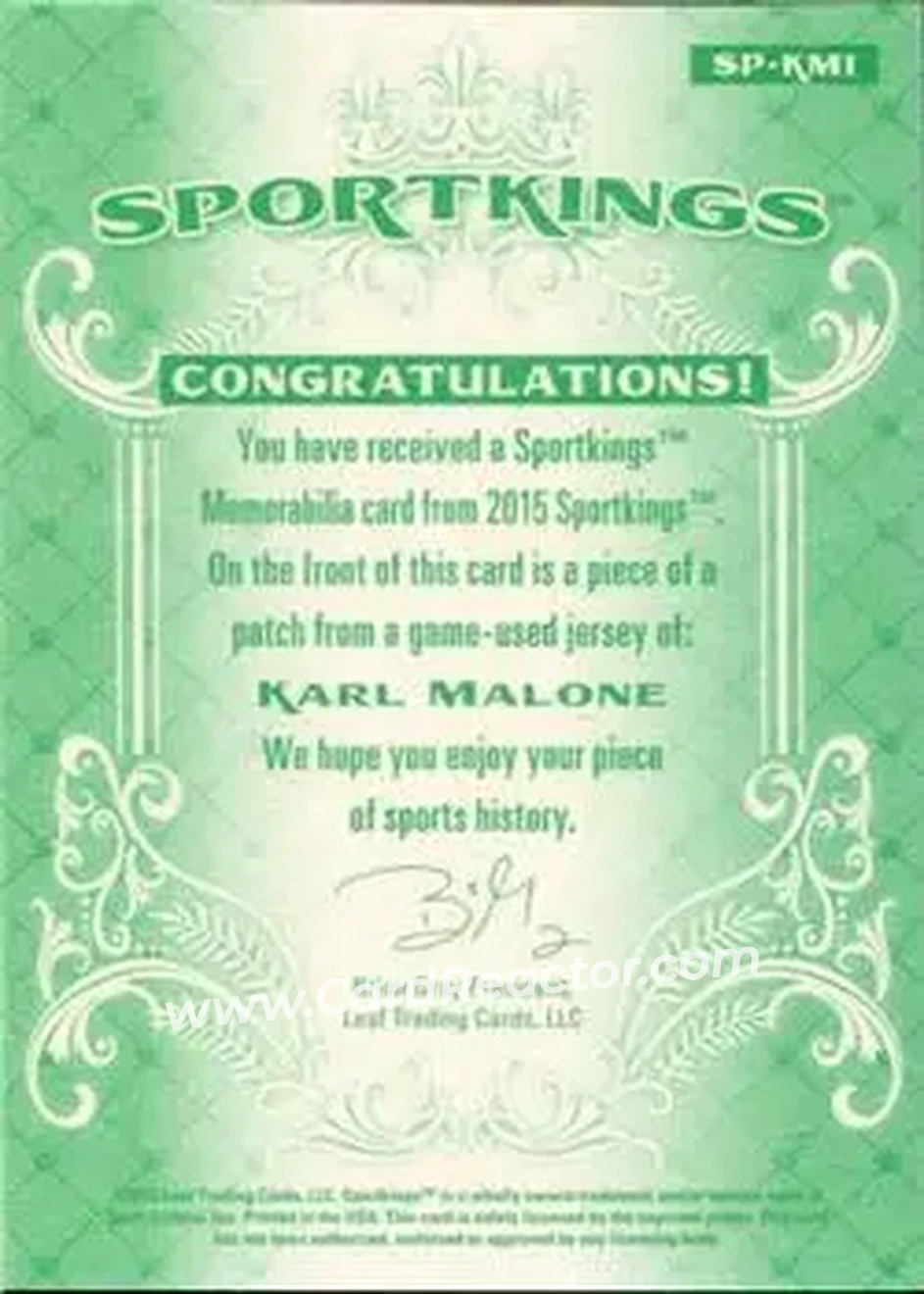 2015 Leaf Sportkings - Sportkings Memorabilia Green Patch #SP-KM1 - Karl Malone - Utah Jazz - Back 2015 Leaf Sportkings - Sportkings Memorabilia Green Patch #SP-KM1 - Karl Malone - Utah Jazz - Back