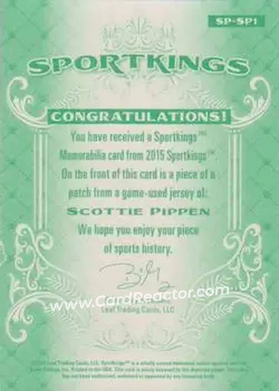 2015 Leaf Sportkings - Sportkings Memorabilia Green Patch #SP-SP1 - Scottie Pippen - Back 2015 Leaf Sportkings - Sportkings Memorabilia Green Patch #SP-SP1 - Scottie Pippen - Back
