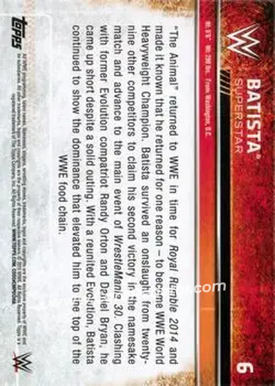 2015 Topps WWE #6 - Batista - Back