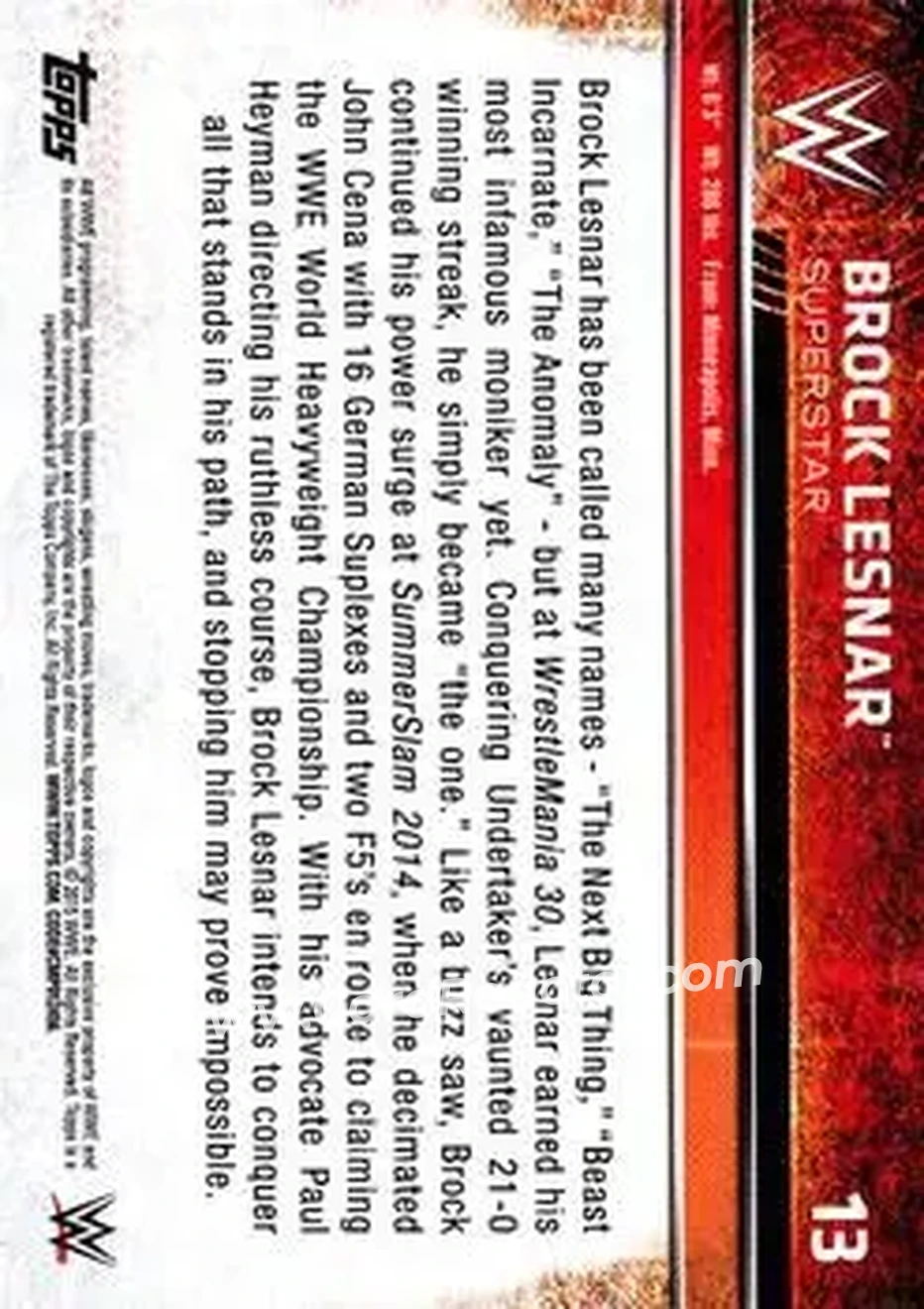 2015 Topps WWE #13 - Brock Lesnar - Back