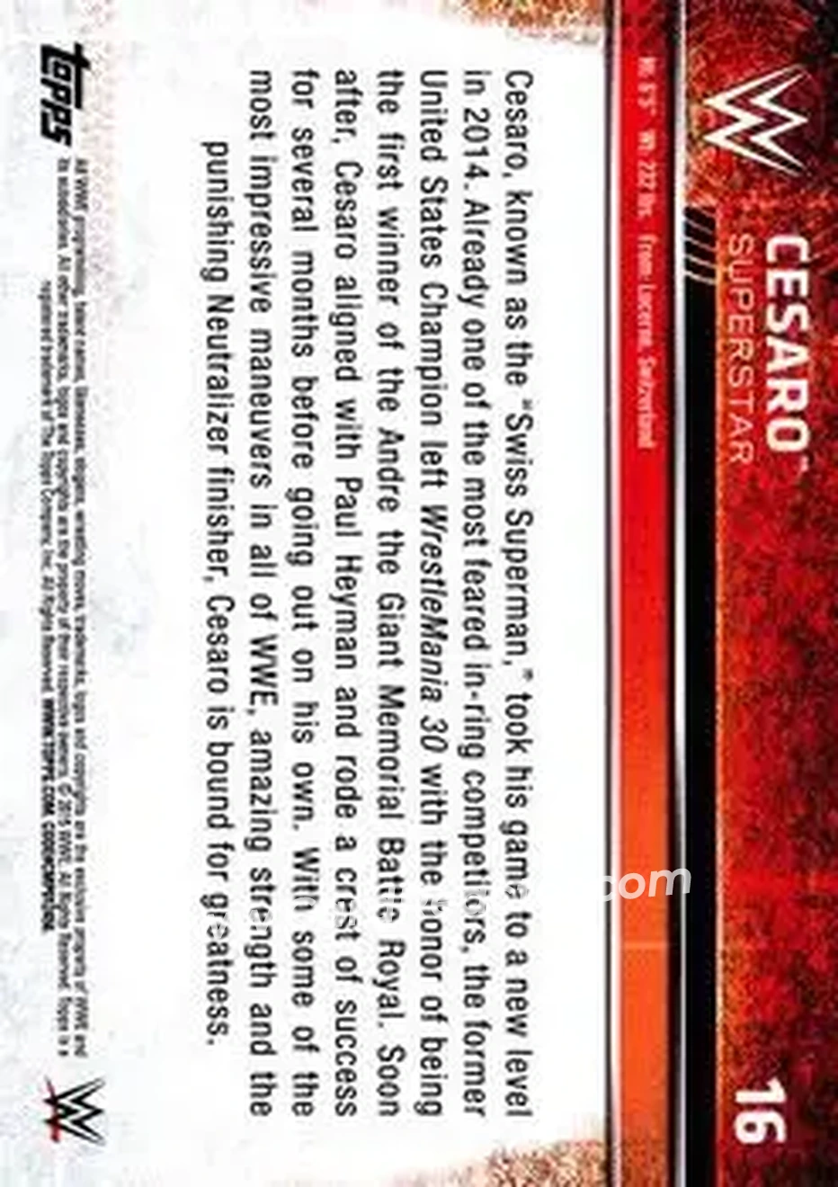 2015 Topps WWE #16 - Claudio Castagnoli - Back