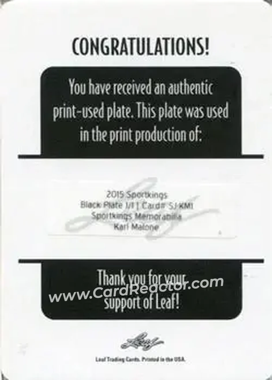 2015 Leaf Sportkings - Sportkings Memorabilia Printing Plate Black #SJ-KM1 - Karl Malone - Utah Jazz - Back 2015 Leaf Sportkings - Sportkings Memorabilia Printing Plate Black #SJ-KM1 - Karl Malone - Utah Jazz - Back