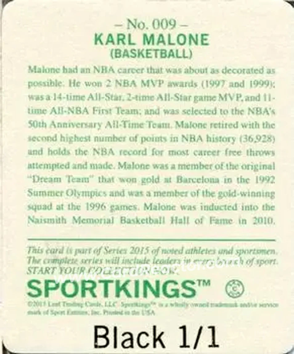 2015 Leaf Sportkings - Mini Printing Plate Black #009 - Karl Malone - Utah Jazz - Back