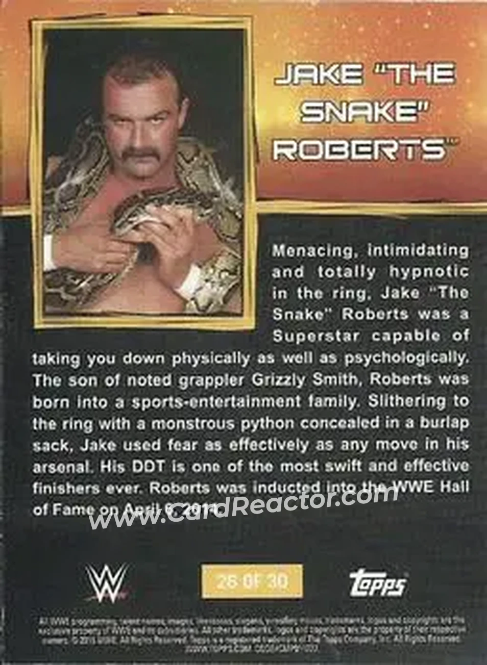 2015 Topps WWE Ringside Relic Dog Tags Inserts #26 - Jake "The Snake" Roberts - Back 2015 Topps WWE Ringside Relic Dog Tags Inserts #26 - Jake "The Snake" Roberts - Back
