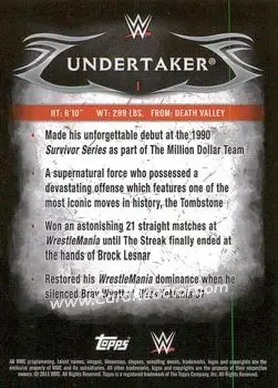 2015 Topps WWE Undisputed #1 - The Undertaker - Back