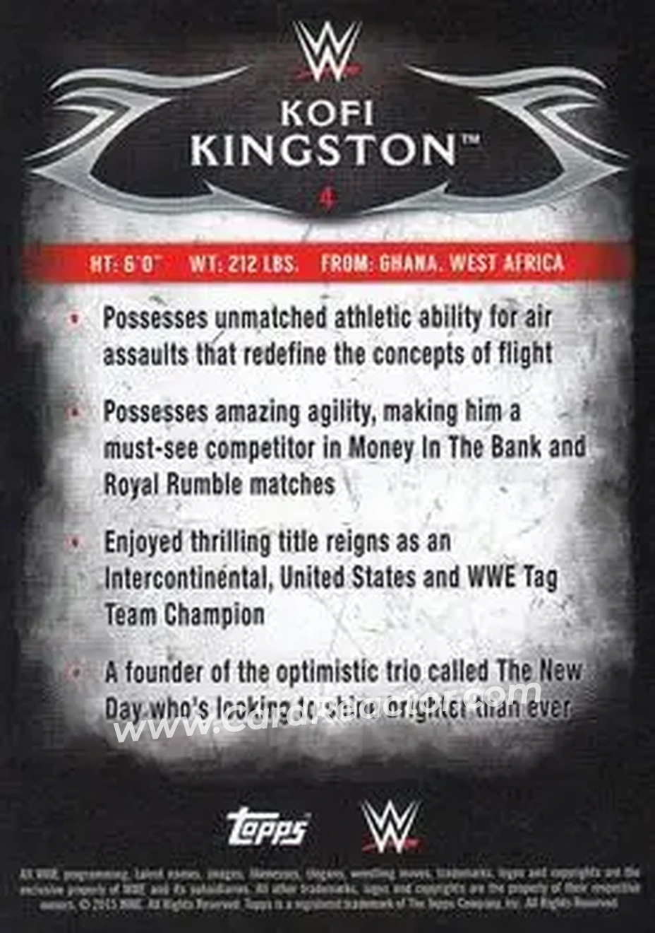 2015 Topps WWE Undisputed #4 - Kofi Kingston - Back