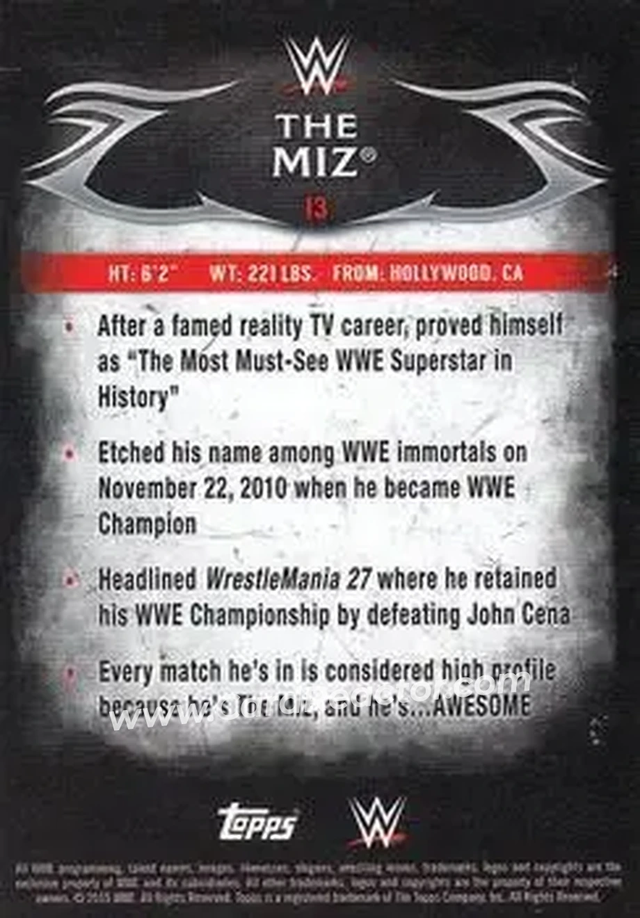 2015 Topps WWE Undisputed #13 - The Miz - Back