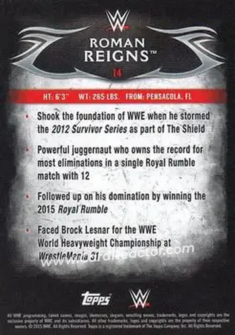 2015 Topps WWE Undisputed #14 - Roman Reigns - Back