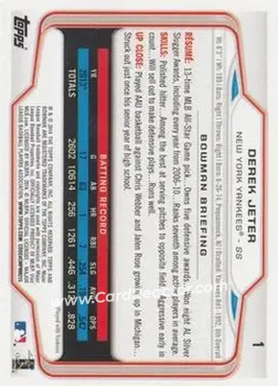 2014 Bowman #1 - Derek Jeter - New York Yankees - Back