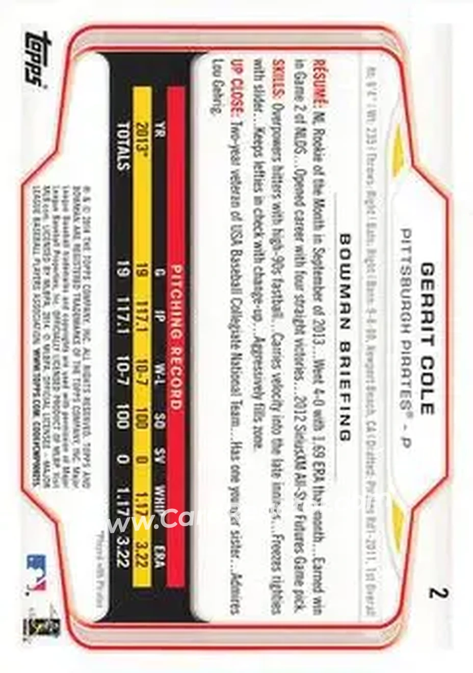 2014 Bowman #2 - Gerrit Cole - Pittsburgh Pirates - Back