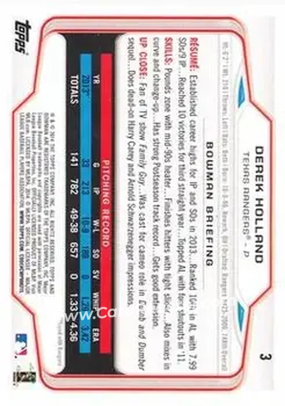 2014 Bowman #3 - Derek Holland - Texas Rangers - Back