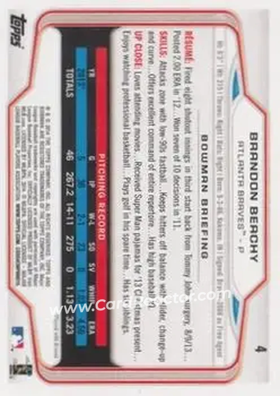 2014 Bowman #4 - Brandon Beachy - Atlanta Braves - Back