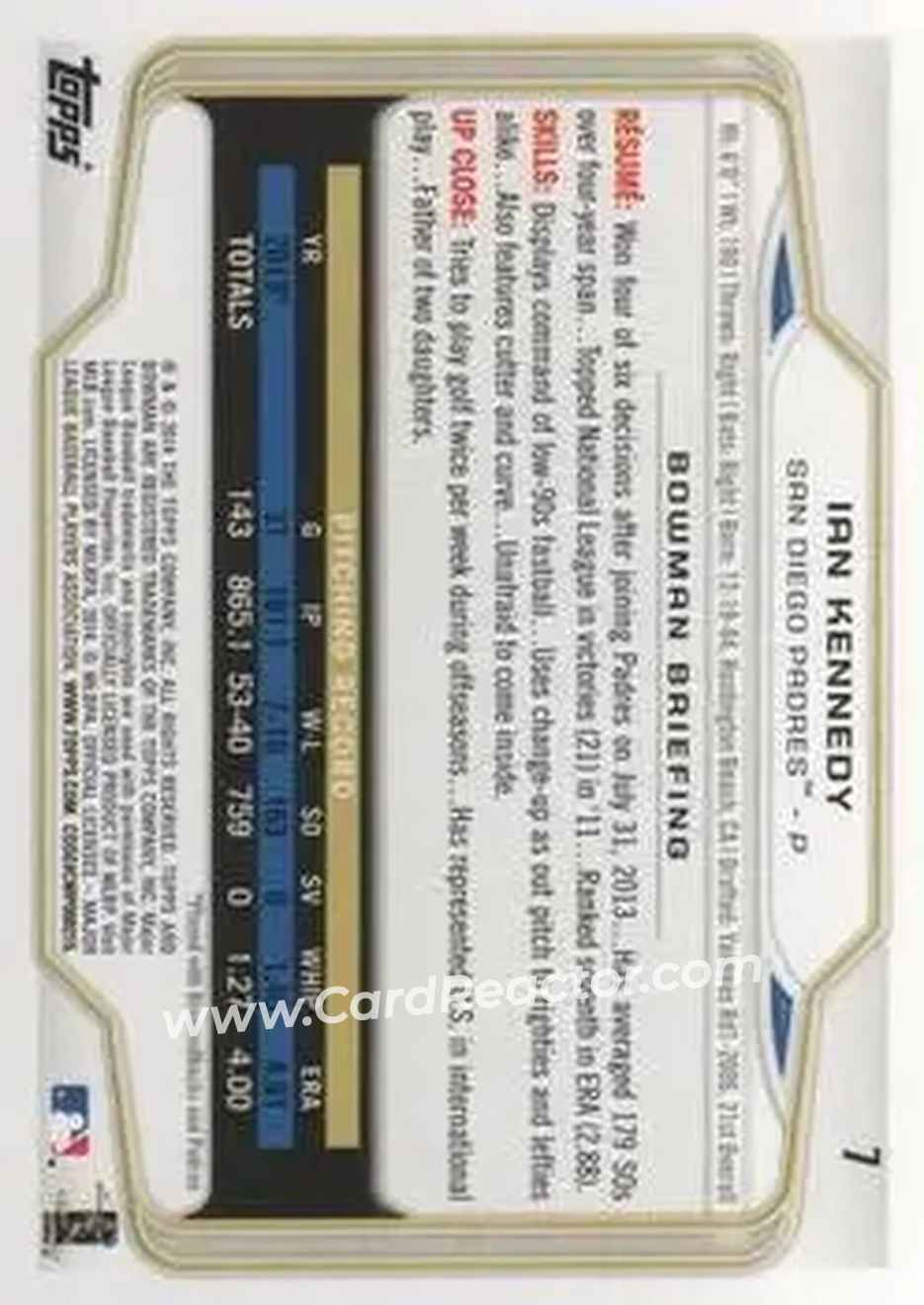2014 Bowman #7 - Ian Kennedy - San Diego Padres - Back
