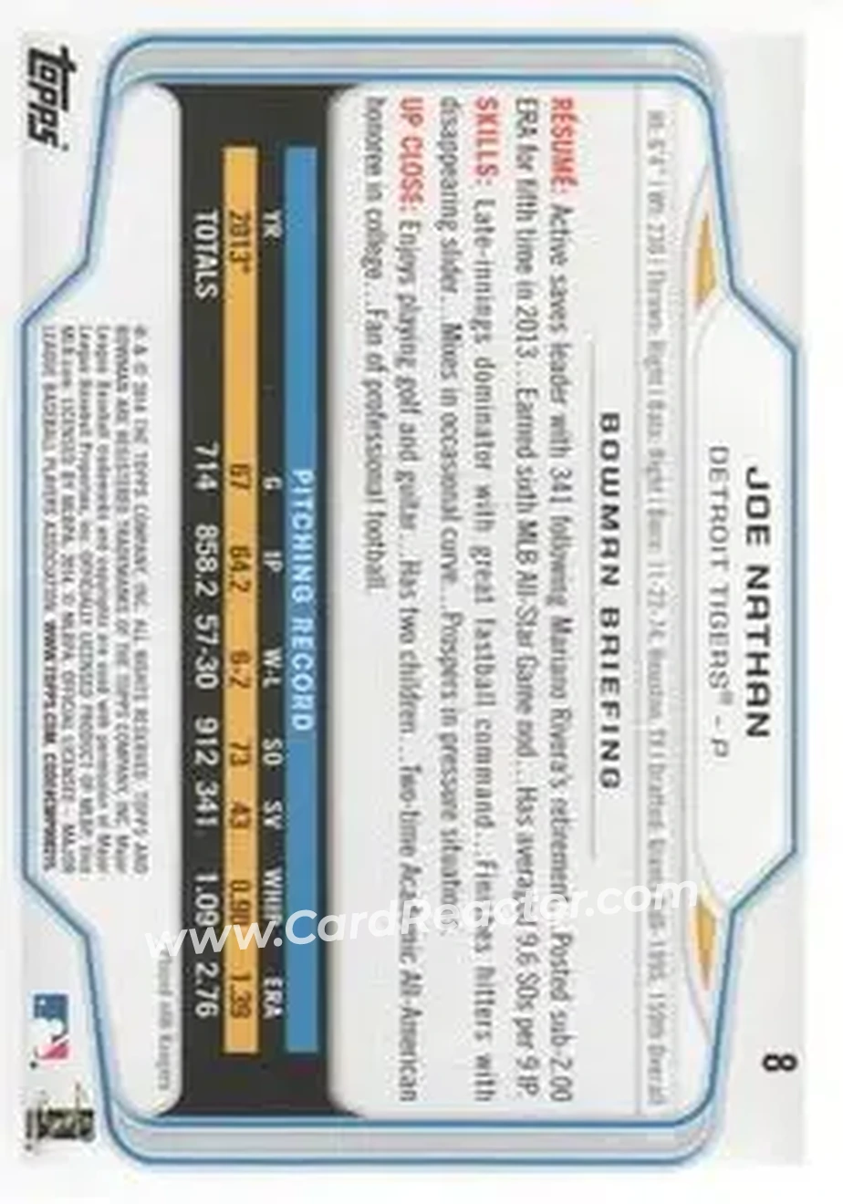 2014 Bowman #8 - Joe Nathan - Detroit Tigers - Back