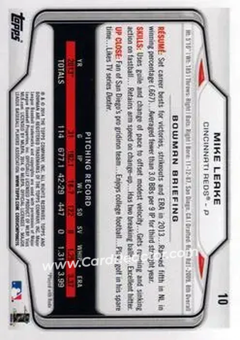 2014 Bowman #10 - Mike Leake - Cincinnati Reds - Back