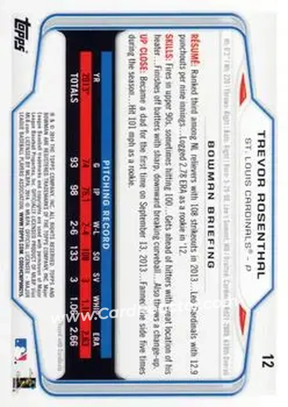 2014 Bowman #12 - Trevor Rosenthal - St. Louis Cardinals - Back