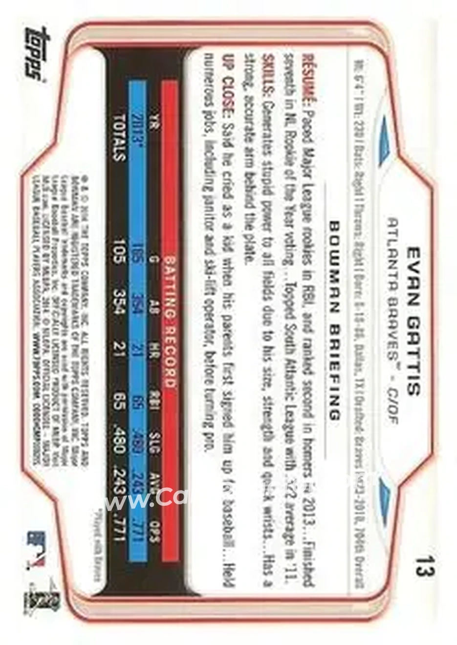 2014 Bowman #13 - Evan Gattis - Atlanta Braves - Back