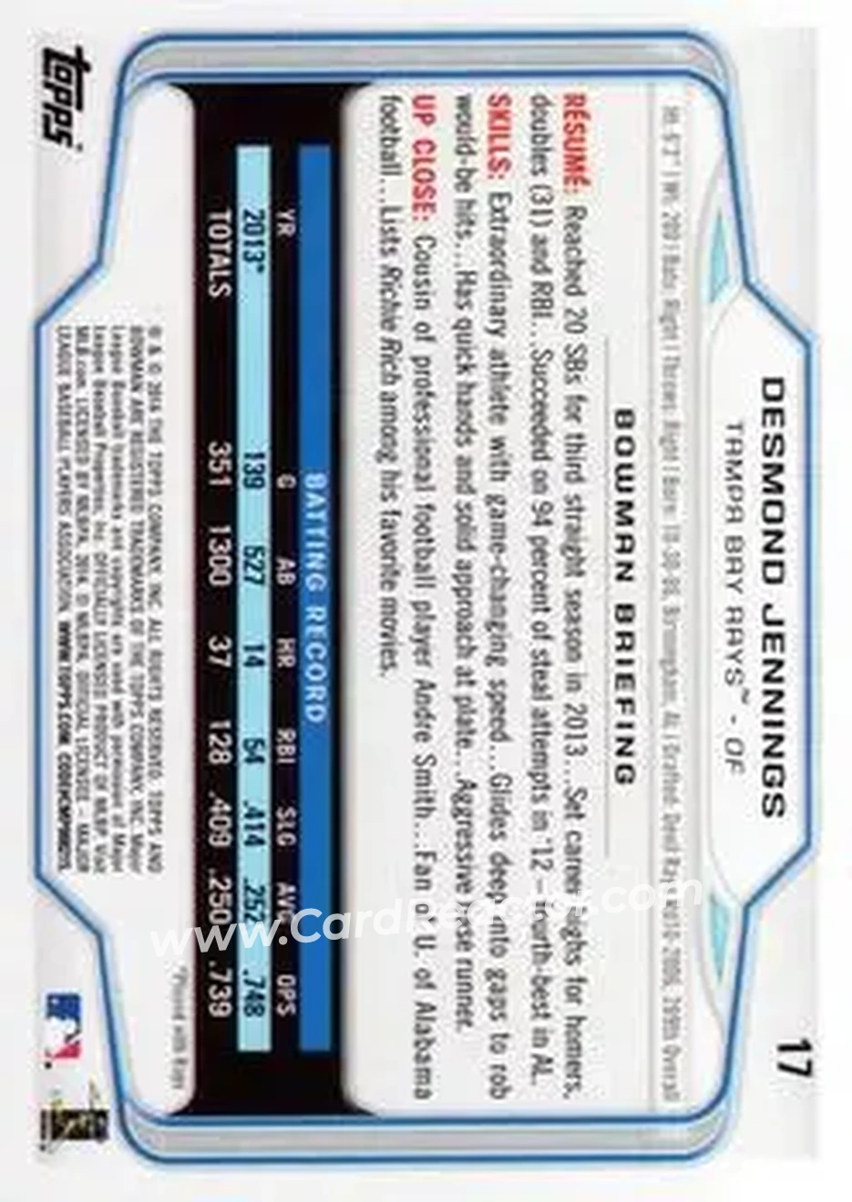 2014 Bowman #17 - Desmond Jennings - Tampa Bay Rays - Back 2014 Bowman #17 - Desmond Jennings - Tampa Bay Rays - Back