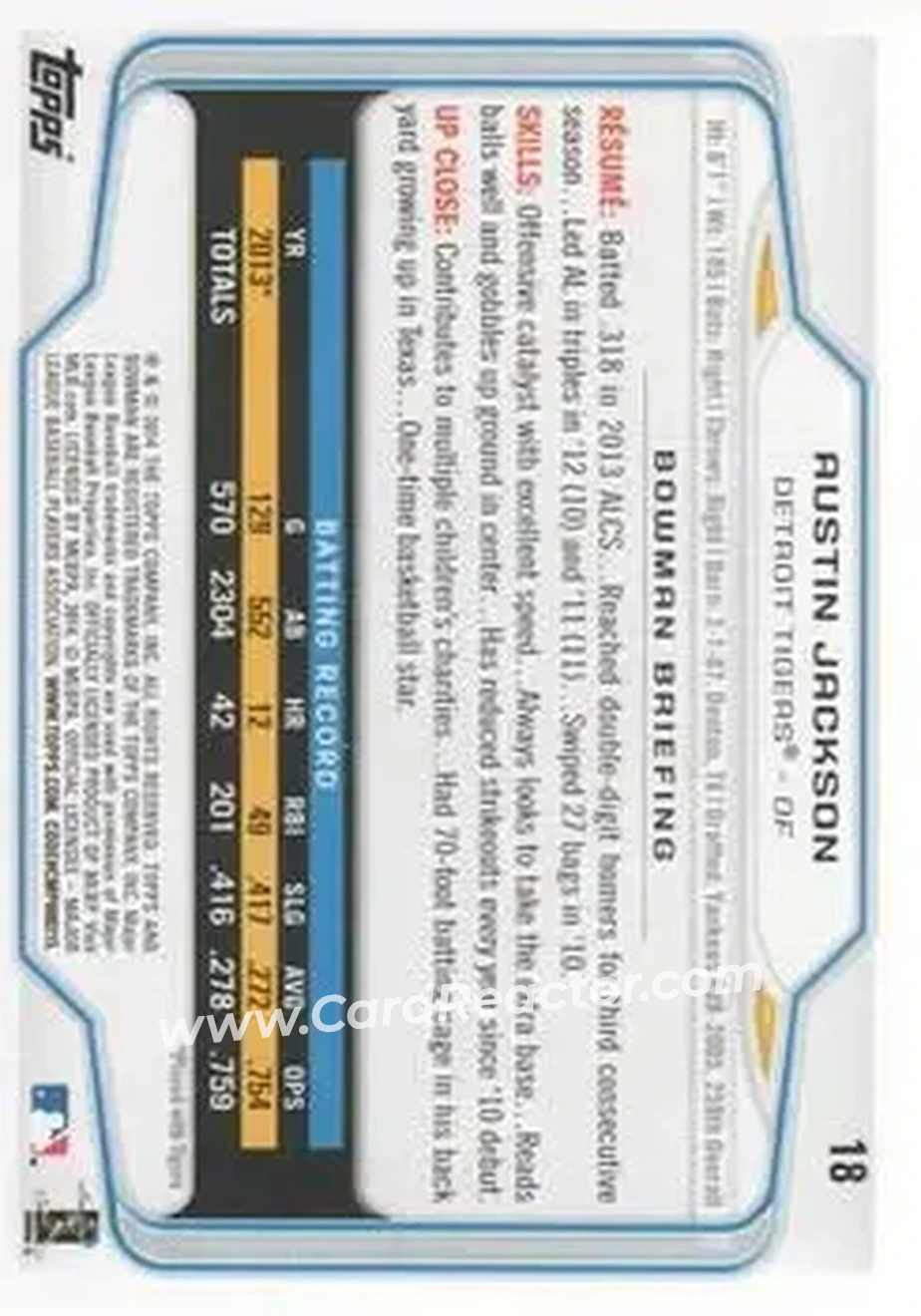 2014 Bowman #18 - Austin Jackson - Detroit Tigers - Back